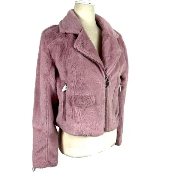 Juicy Couture Blush Pink Faux Fur Plush Moto Jacket Alexa Crop Size Small NWT